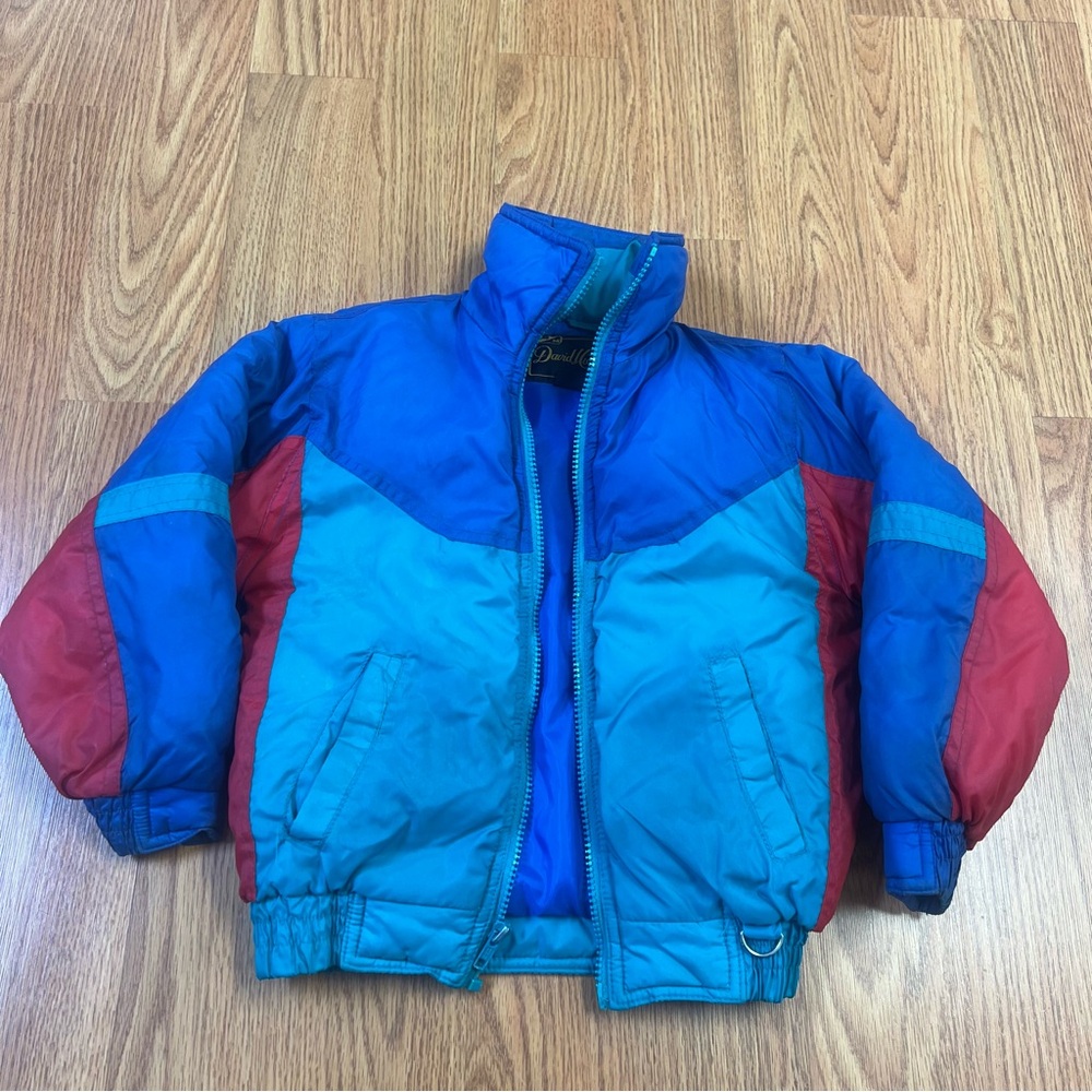 Vintage Color block kids puffer Ski Jacket 80s 90s Retro Blue Red Teal geometric